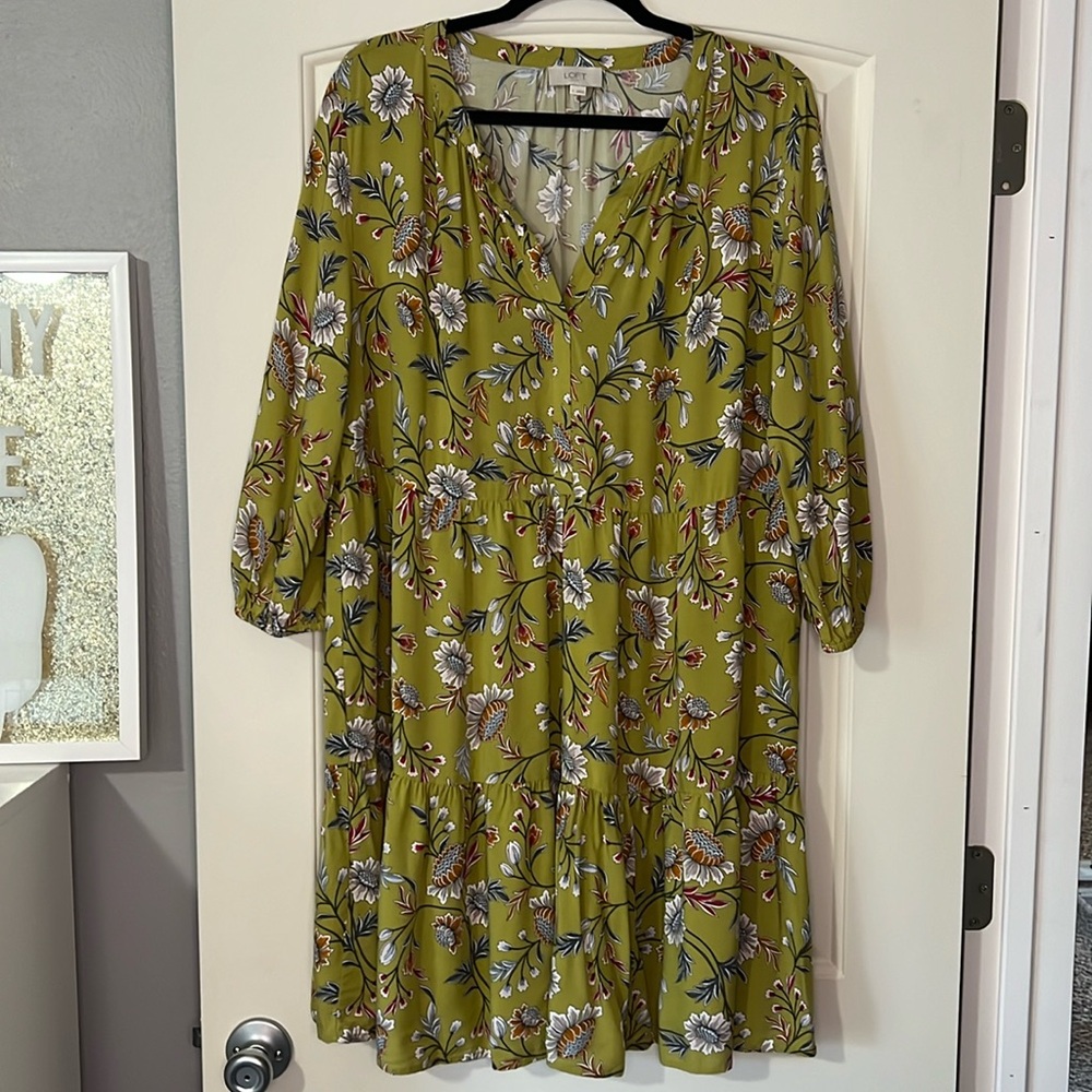LOFT Spring Green Floral Tiered Babydoll Dress Size L